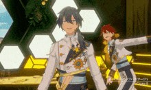 two anime characters are dancing in front of a honeycomb wall with crazy b written on the bottom right