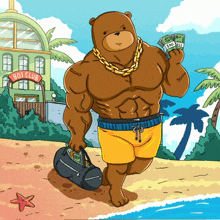 a cartoon of a bear holding money and a duffel bag with a boi club sign in the background