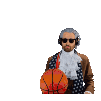 a man in a historical costume holds a basketball in his hand