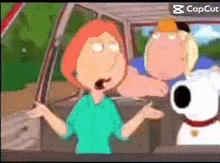 a cartoon of a family guy sitting in a car with a dog .