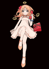 a drawing of a girl in a white dress holding a red telephone