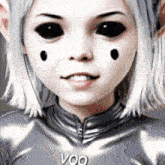a close up of a person 's face with the word voo on the collar