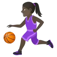 a girl in a purple basketball uniform is running with an orange ball