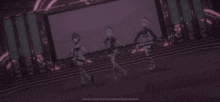 three anime girls are standing next to each other in a dark room .