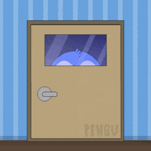 a cartoon of a penguin peeking out of a door that says pengu