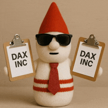 a gnome wearing sunglasses and a red hat is holding two clipboards with dax inc on them