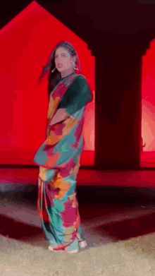 a woman in a colorful saree is standing in front of a red building .