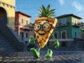 a pineapple slice of pizza with glasses and green arms and legs