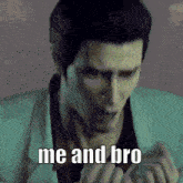 a man in a white jacket is holding a card and says me and bro