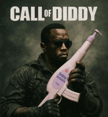 a man is holding a baby lotion gun in his hand