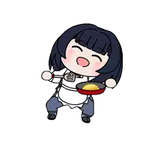 a cartoon of a girl holding a pan and spatula