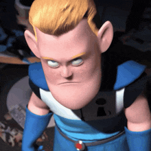 a close up of a cartoon character 's face with the word i on his chest