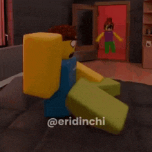 a yellow block is sitting on a bed in a room with a red door in the background .