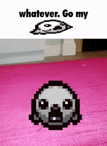 a pixel art of a skull on a pink rug .