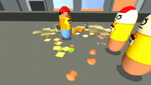 a cartoon character with a yellow shirt and a red hat is standing in a room with eggs on the floor