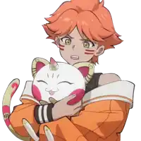 a boy with orange hair is holding a cat with a horn on its head