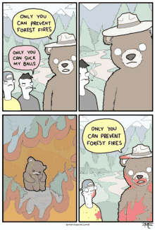 a comic strip shows a bear talking to a man about forest fires