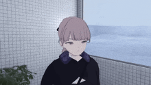 a girl in a black hoodie with the letter a on it looks out a window