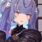 a close up of a girl with purple hair and pigtails