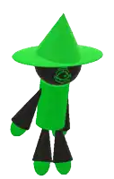 a green and black cartoon character wearing a green hat and a black cloak