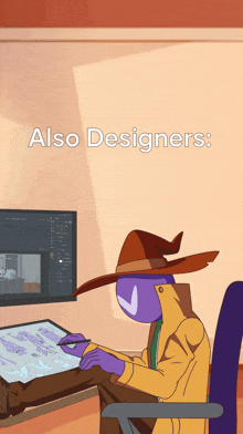 a cartoon of a man in a wizard hat drawing on a tablet with the words also designers below him