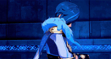 a cartoon character with blue hair is standing in front of a wall .