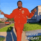 a man in a red jacket and red pants is walking down a sidewalk with his arms outstretched .