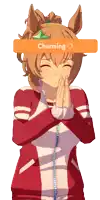 a girl with her eyes closed and a sign that says charming over her head
