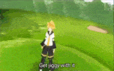 a cartoon character is standing in a field with the words `` get jiggy with it '' written below him .