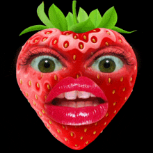 a strawberry with a woman 's face and lips on it