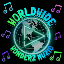 a logo for worldwide wonderz music with a globe and music notes