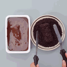 a container of chocolate next to a bowl of sprinkles