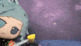 a drawing of a cartoon character with a purple sky in the background