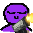 a pixel art of a person holding a gun with a purple face .