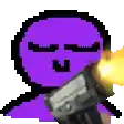 a pixel art of a person holding a gun with a purple face .