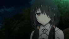 a girl with long black hair and red eyes is smiling at the camera