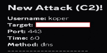 a black screen with the words new attack ( c2 ) username koper target port 443 time 60 method dns