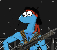 a cartoon drawing of a blue monster holding a machine gun