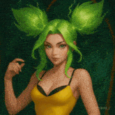 a painting of a girl with green hair and a yellow top with a black bra