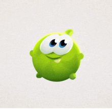 a green cartoon character with big blue eyes and a smile