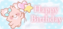 a pink bear is holding balloons and the words `` happy birthday ''