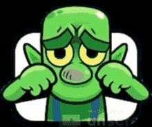 a cartoon drawing of a green monster with yellow eyes