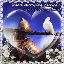 a picture of a knight and a bird with the words good morning friends rise and grind on it