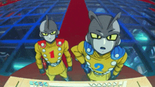 two cartoon characters standing next to each other one with the number 1 on his chest