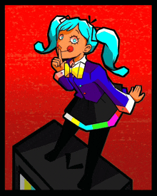 a girl with blue hair is standing on top of a television with her finger on her lips