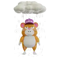 a hamster wearing a purple hat that says grind is standing in the rain