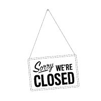a black and white sign that says `` sorry we 're closed '' is hanging from a wire .