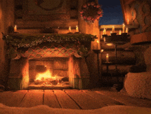 a fireplace in a room with candles and a wreath
