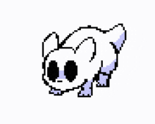 a pixel art of a white cat with black eyes and a purple tail .