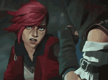 a cartoon character with red hair has a tattoo on her face that says ' ec '